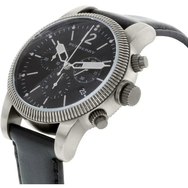 Burberry Utilitarian Chronograph 42mm watch angled view showing chronograph pushers and stainless steel case