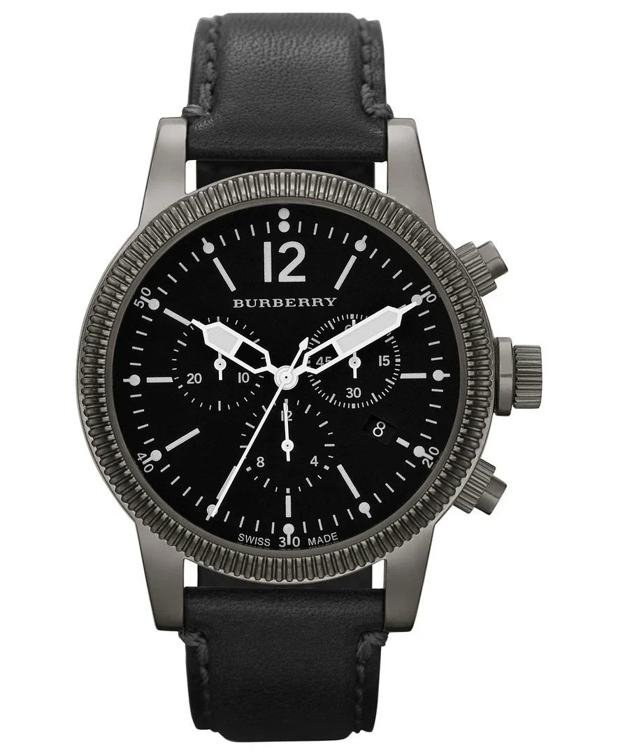 Burberry Utilitarian Chronograph 42mm mens watch with black dial and black leather strap