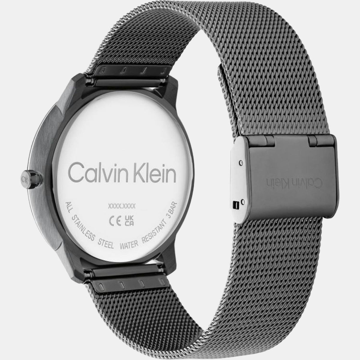 Calvin Klein watch caseback showing stainless steel water-resistant case