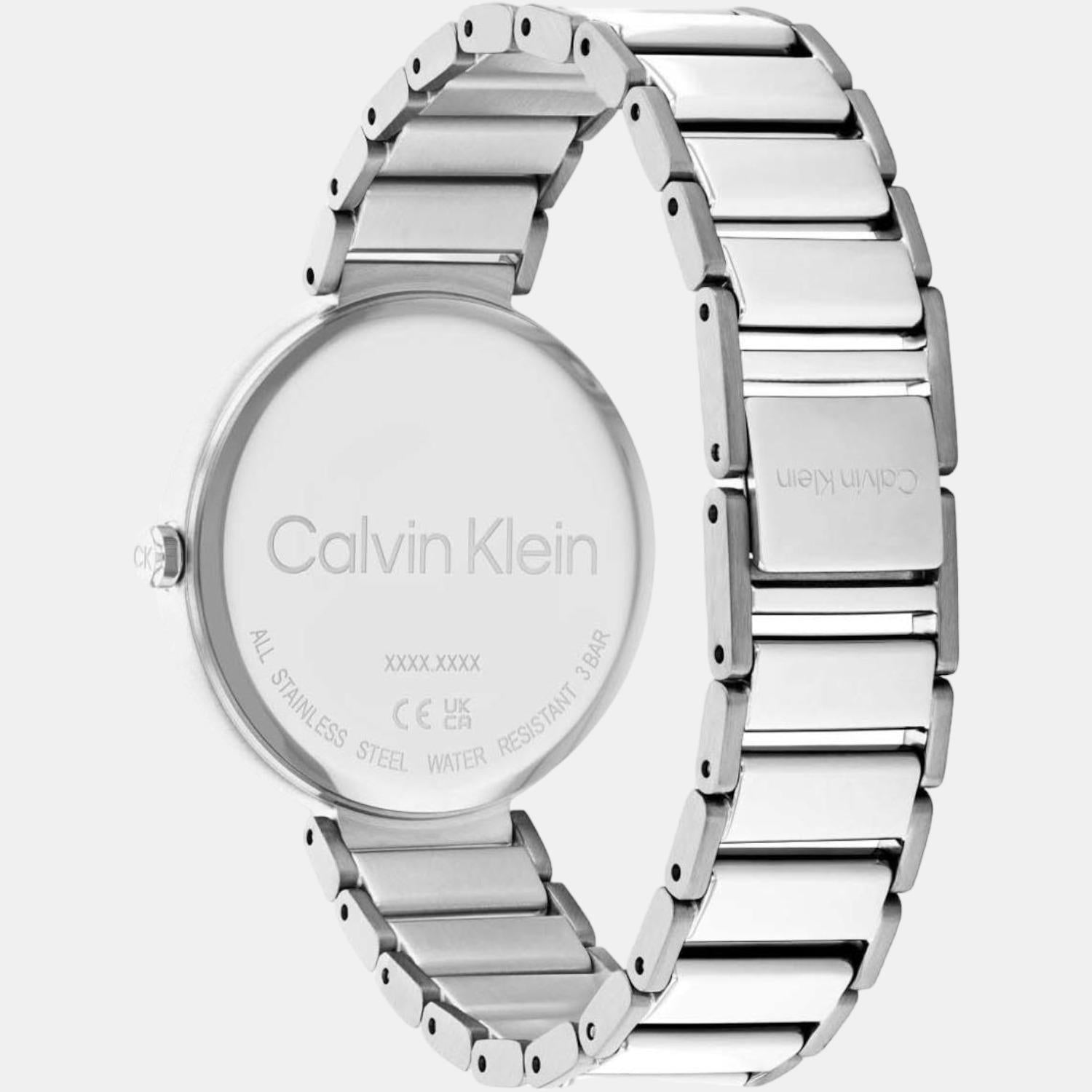 Calvin Klein watch caseback showing stainless steel construction and water resistance