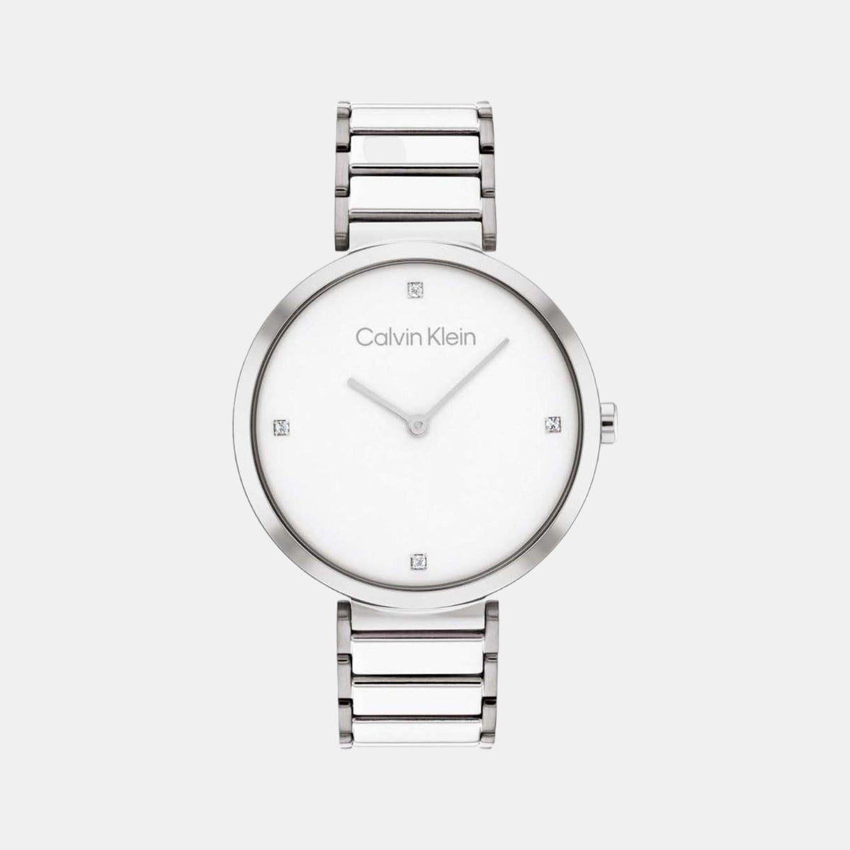 Calvin Klein quartz watch front view with crystal white dial and silver bracelet