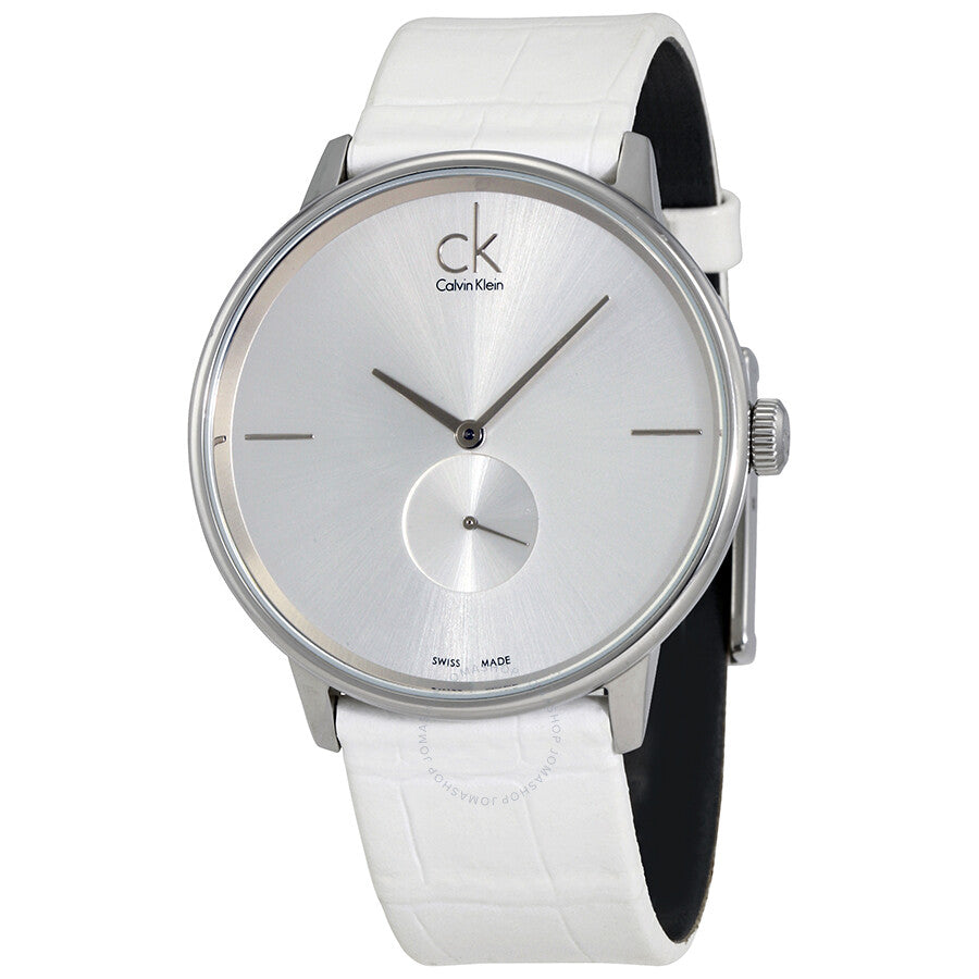 Side angle view of Calvin Klein Accent watch with white leather strap and minimalist dial design
