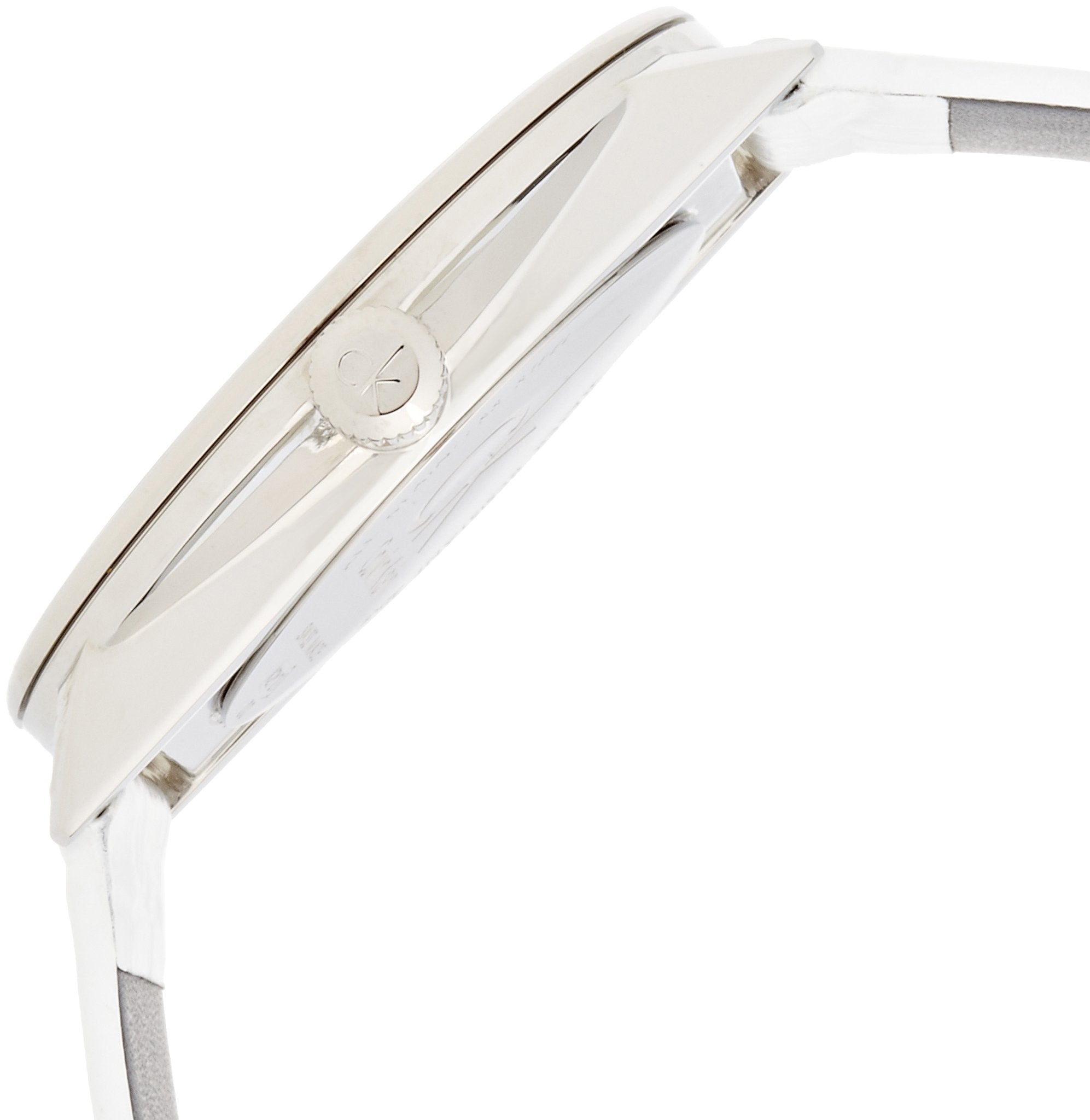 Side profile of Calvin Klein Accent K2Y211K6 watch showing case depth and white strap