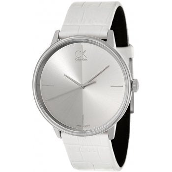Calvin Klein Accent K2Y2X1KW watch at angle showing white leather strap and stainless steel case