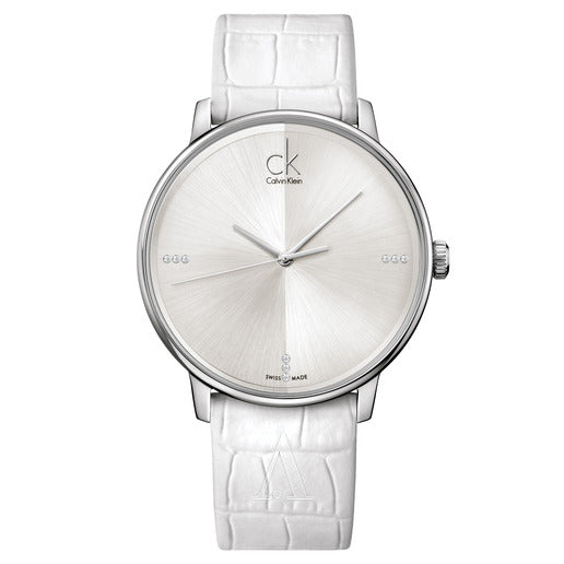 Calvin Klein Accent K2Y2X1KW silver dial with diamond hour markers and white crocodile strap
