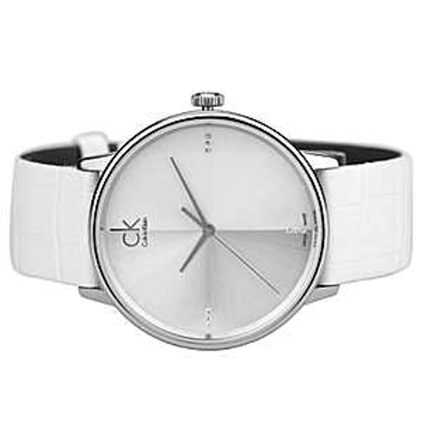 Calvin Klein Accent K2Y2X1KW men's watch on wrist with silver dial and white leather strap