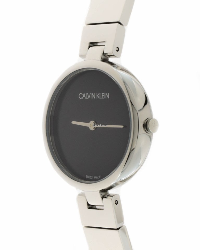 Side angled view of Calvin Klein Authentic watch showing oval case and link bracelet