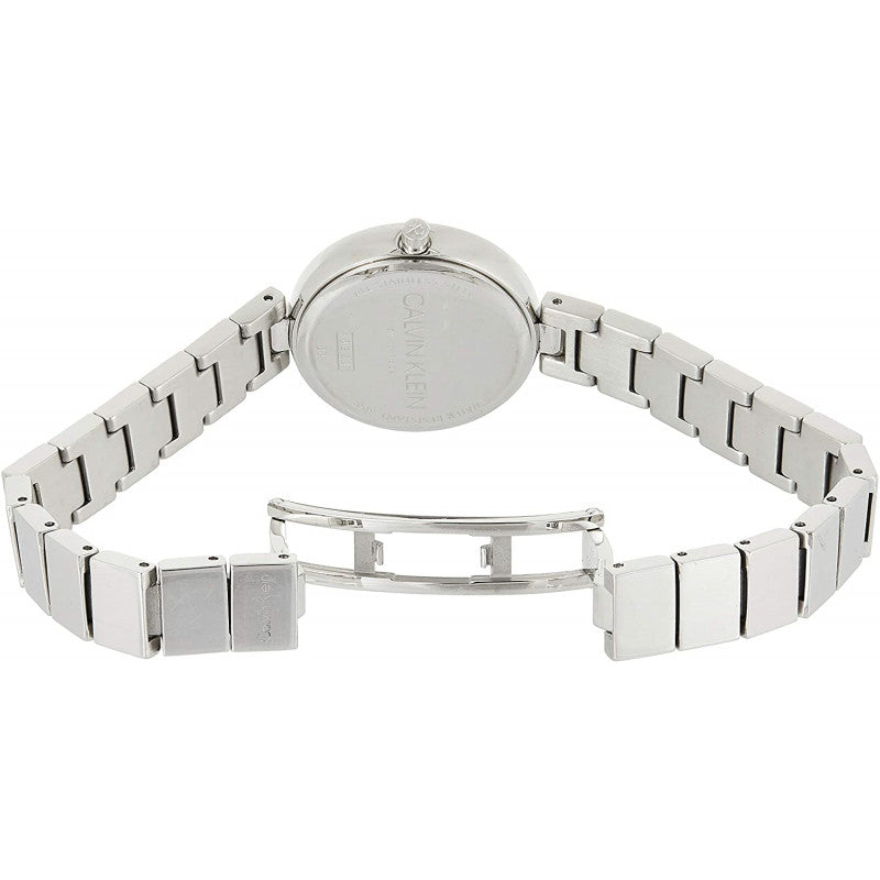 Back view of Calvin Klein Authentic watch showing stainless steel caseback and bracelet