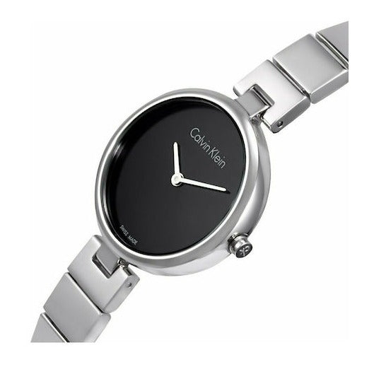 Close-up of Calvin Klein Authentic black dial with silver hour and minute hands