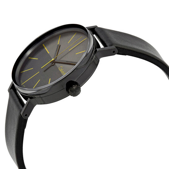 Angled side view of Calvin Klein Boost watch showing case thickness and leather strap