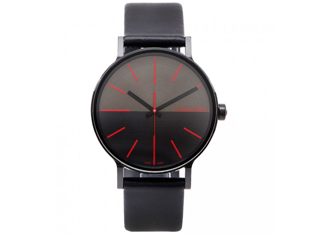Calvin Klein Boost K7Y214CY watch front view with black leather band