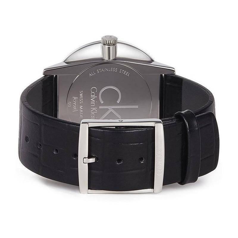 Caseback view of Calvin Klein Boost watch showing stainless steel case and leather strap