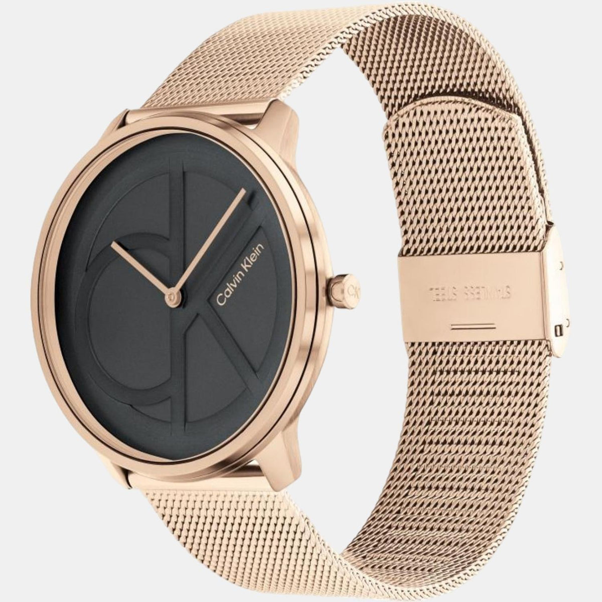 Calvin Klein Carnation Gold watch at angle showing gold mesh strap and clasp