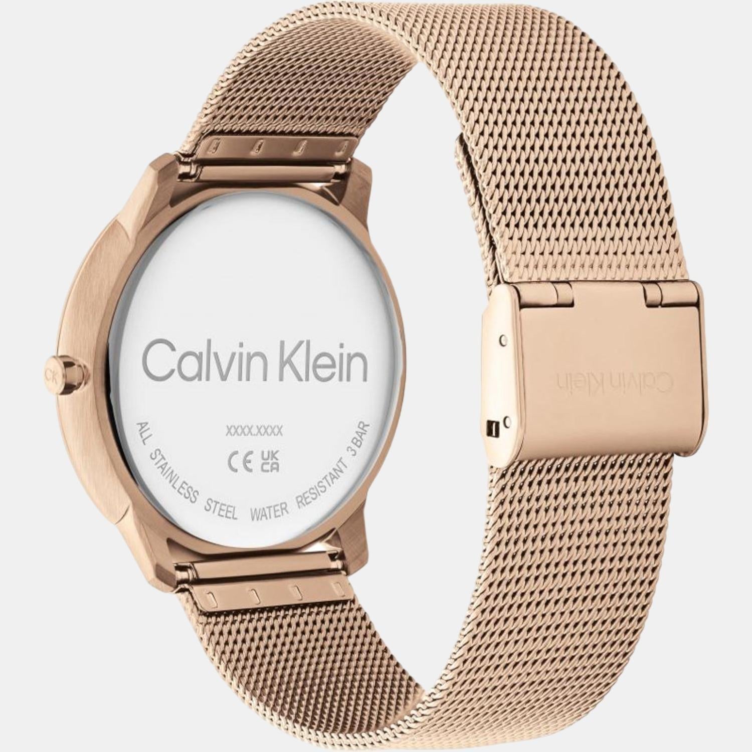 Calvin Klein Carnation Gold watch caseback with brand name and water resistance markings