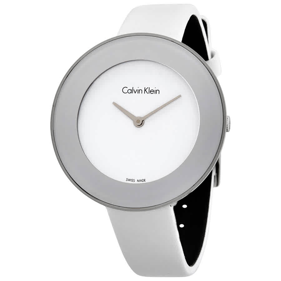 Calvin Klein Chic white women's watch angled view with black and white strap