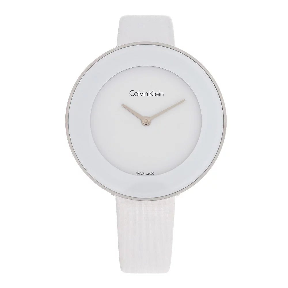 Calvin Klein Chic white dial women's watch with white satin strap front view