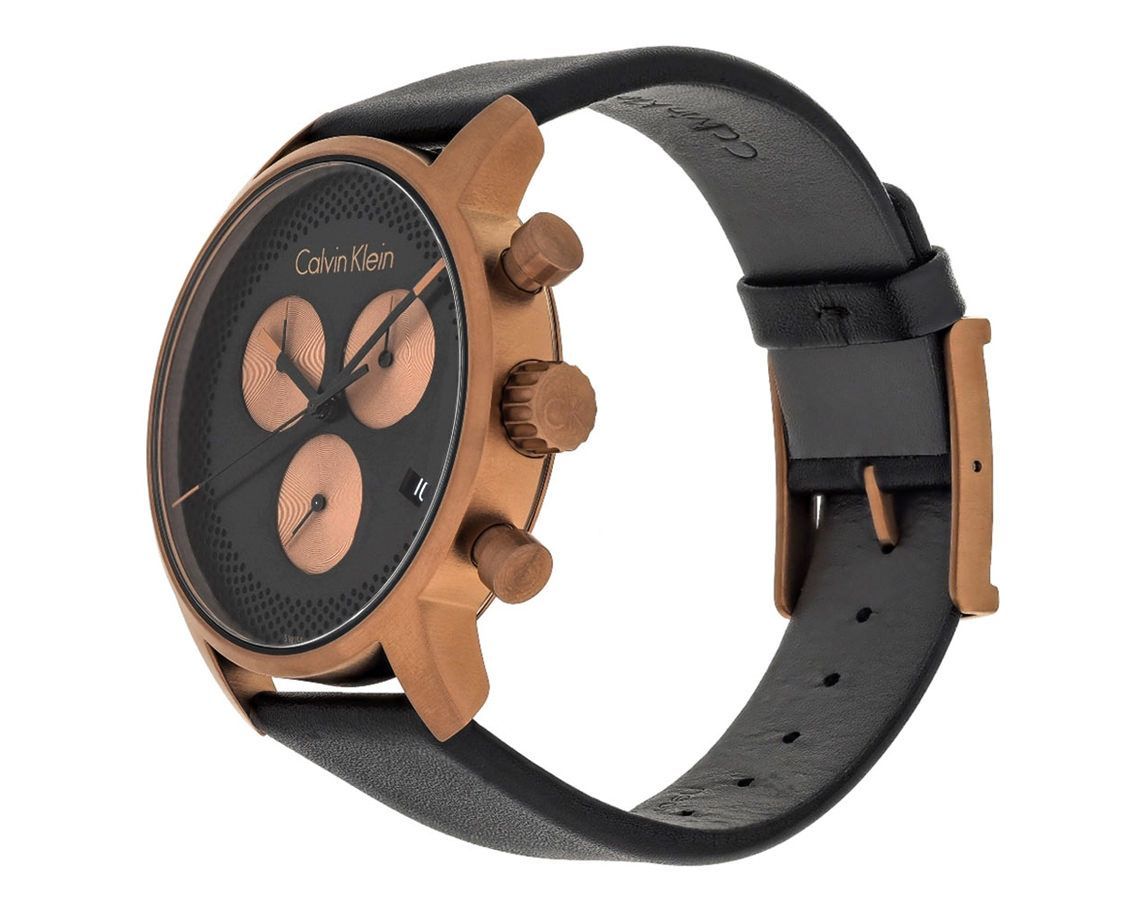 Side angle view of Calvin Klein City Chronograph showing rose gold case and black leather strap