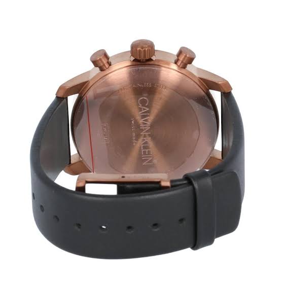 Calvin Klein City Chronograph caseback showing rose gold stainless steel with engraved branding