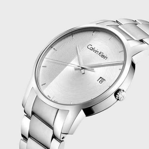 Calvin Klein City Chronograph men's watch side angle view with steel strap