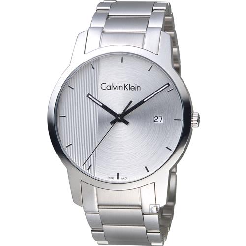 Calvin Klein City Chronograph watch angled view showing dial and steel bracelet