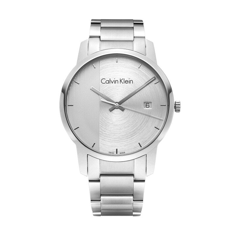 Calvin Klein City Chronograph men's watch silver dial and steel bracelet front view