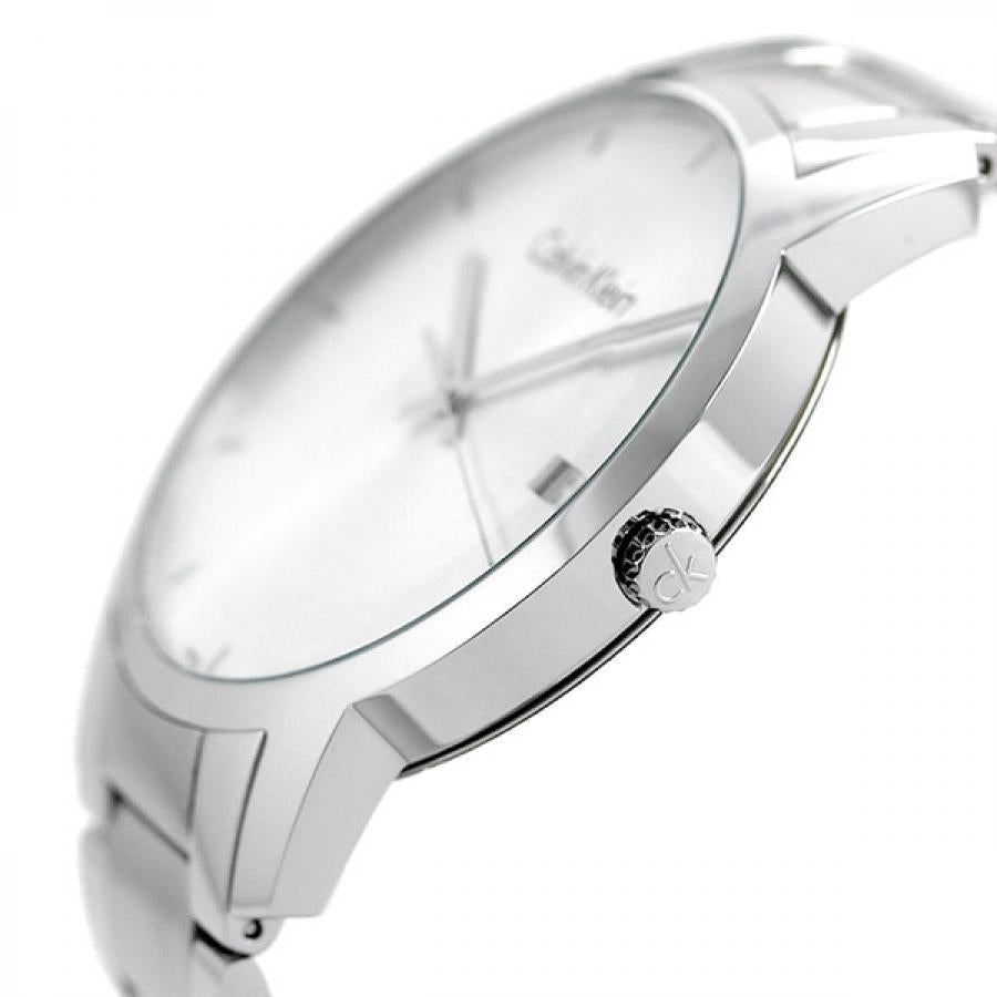 Calvin Klein City Chronograph silver watch on wrist with steel bracelet