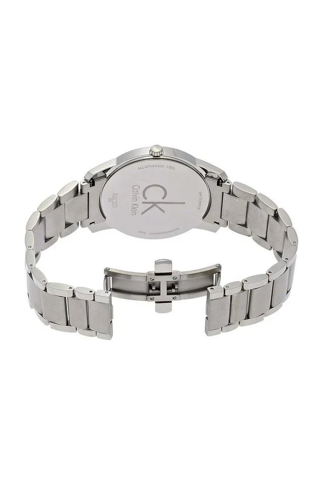 Back view of silver stainless steel bracelet and caseback with Calvin Klein logo