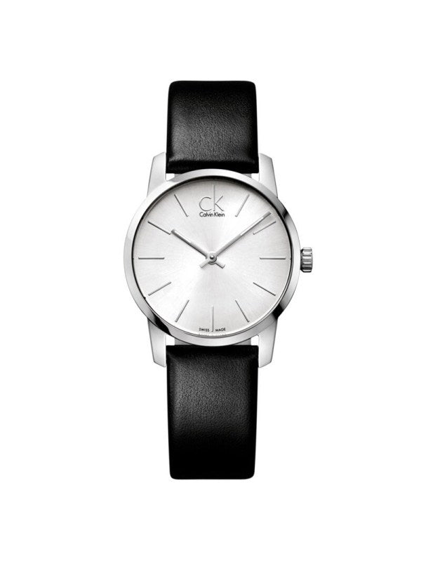 Calvin Klein City K2G211C6 quartz watch front view with minimalist silver dial design