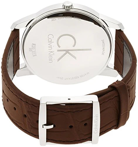 Calvin Klein City watch caseback showing CK logo and engraved text on silver stainless steel