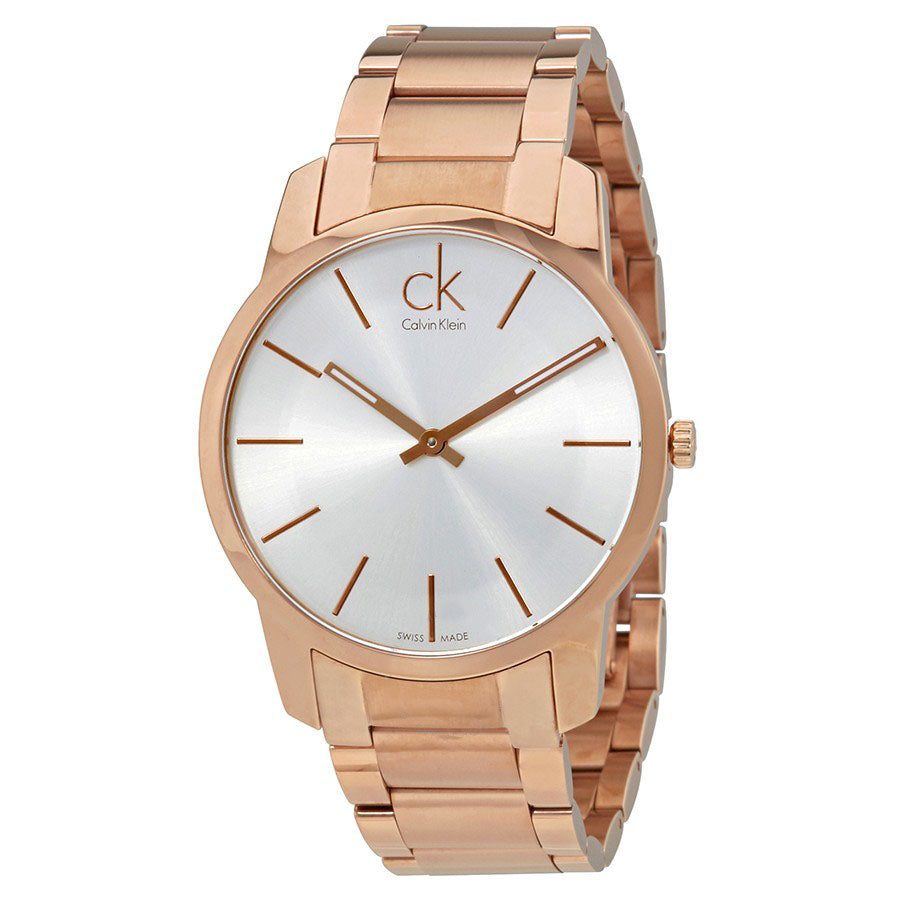 Calvin Klein City K2G21646 rose gold men's watch shown from side angle with steel bracelet