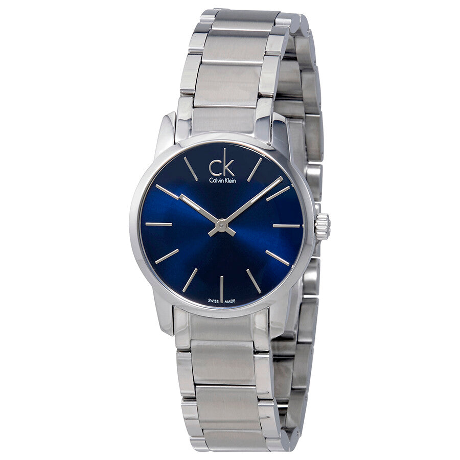 Side angle view of Calvin Klein City blue dial watch on silver bracelet