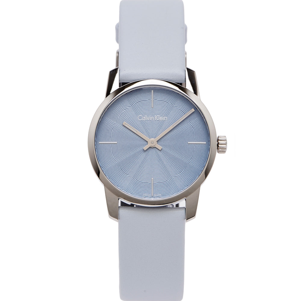 Calvin Klein City women's watch front view showing blue dial with silver hands