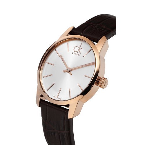 Calvin Klein City K2G23620 watch at angle showing rose gold case and brown leather strap