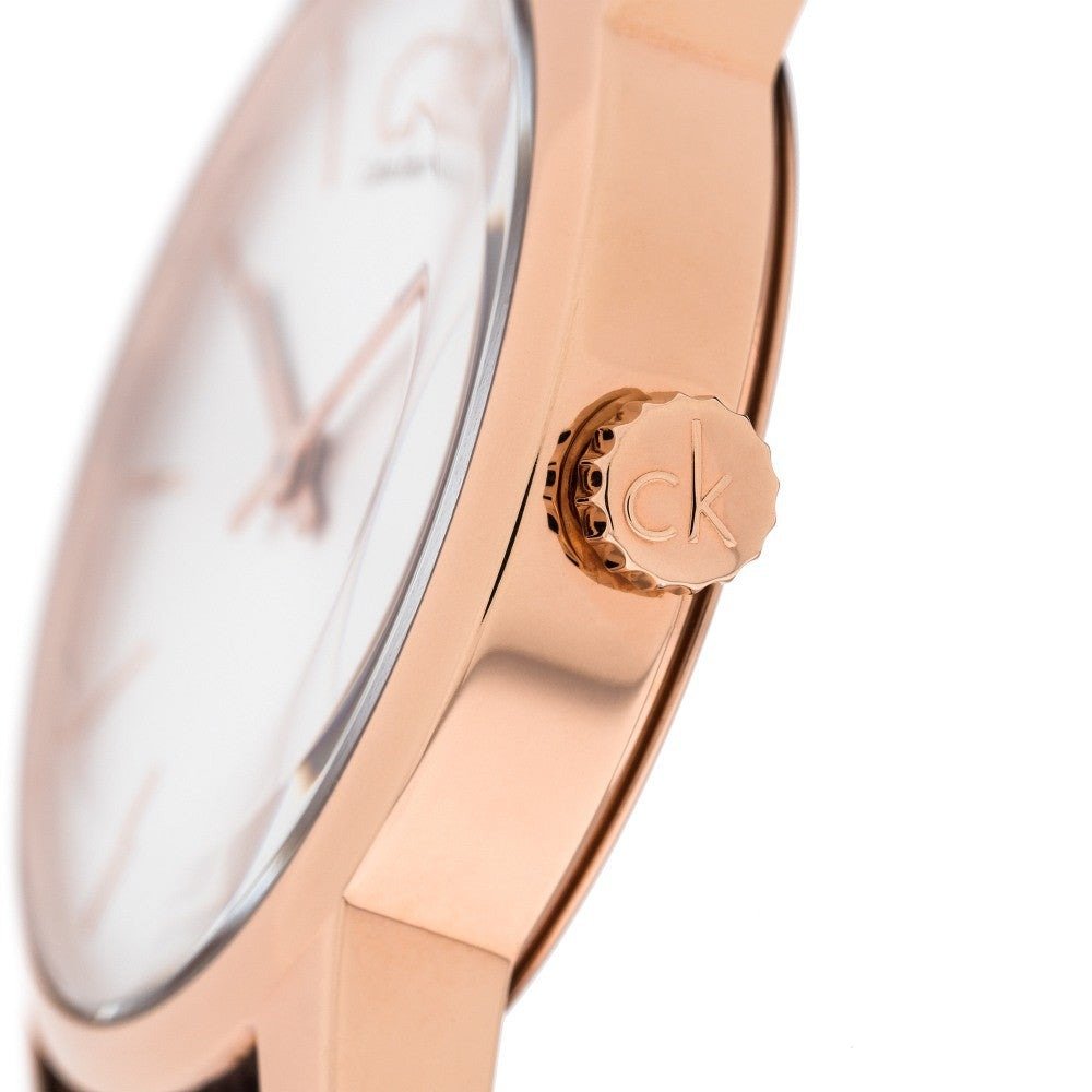 Close-up of Calvin Klein City K2G23620 dial detail with crown and indices