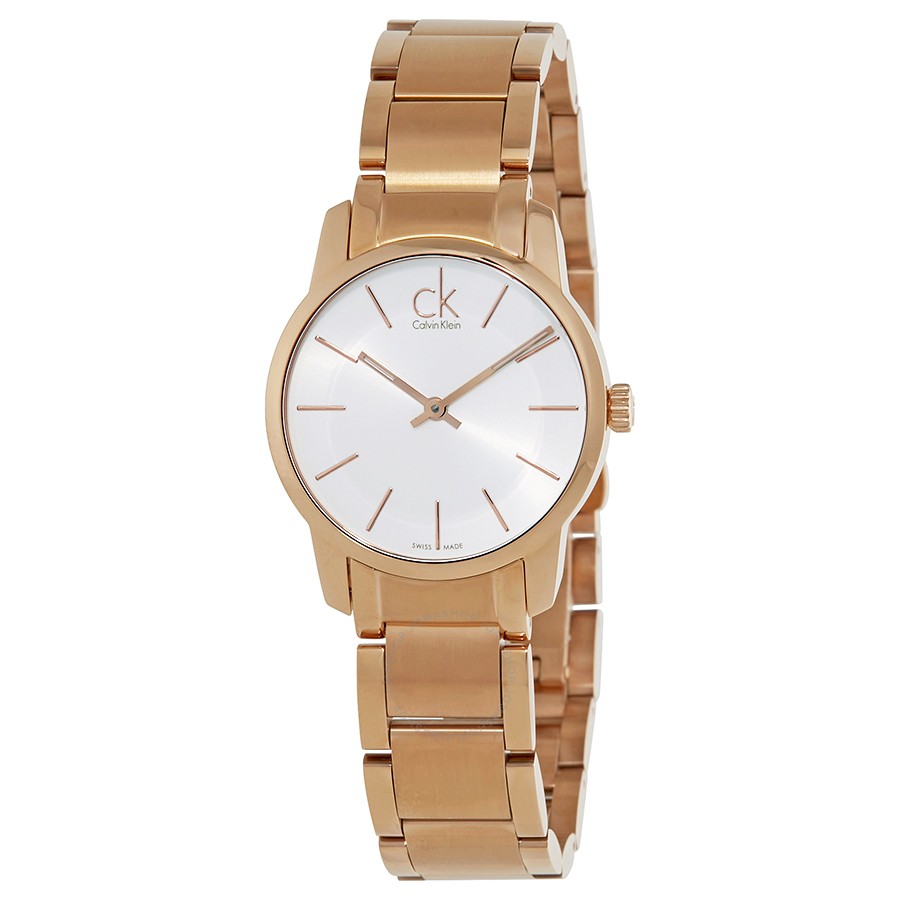 Calvin Klein City K2G23646 silver dial ladies watch with rose gold stainless steel bracelet at angle