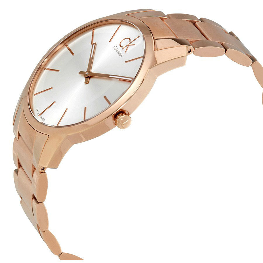Calvin Klein City K2G23646 silver dial watch side view showing rose gold-tone case and bracelet