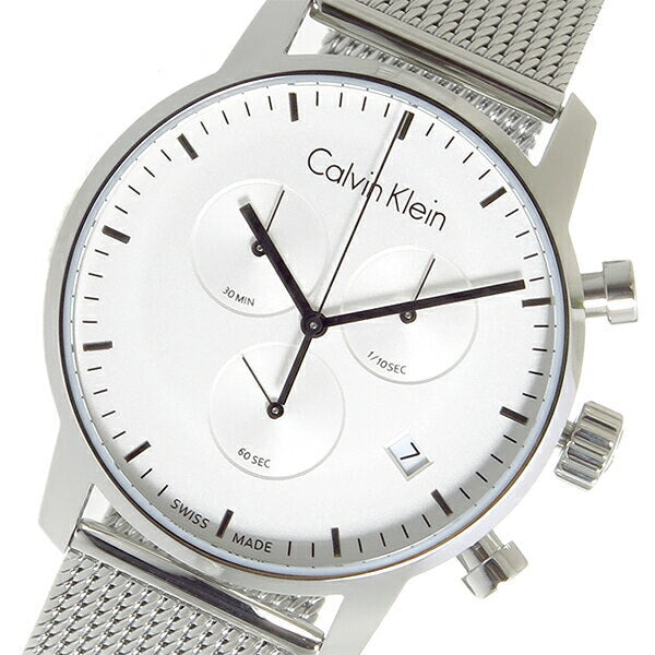 CALVIN KLEIN City K2G27126 dial detail showing chronograph subdials and Swiss made marking