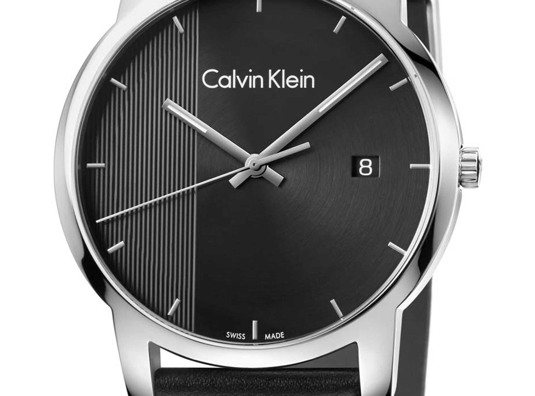Calvin Klein City watch featuring black striped dial, date window and silver case