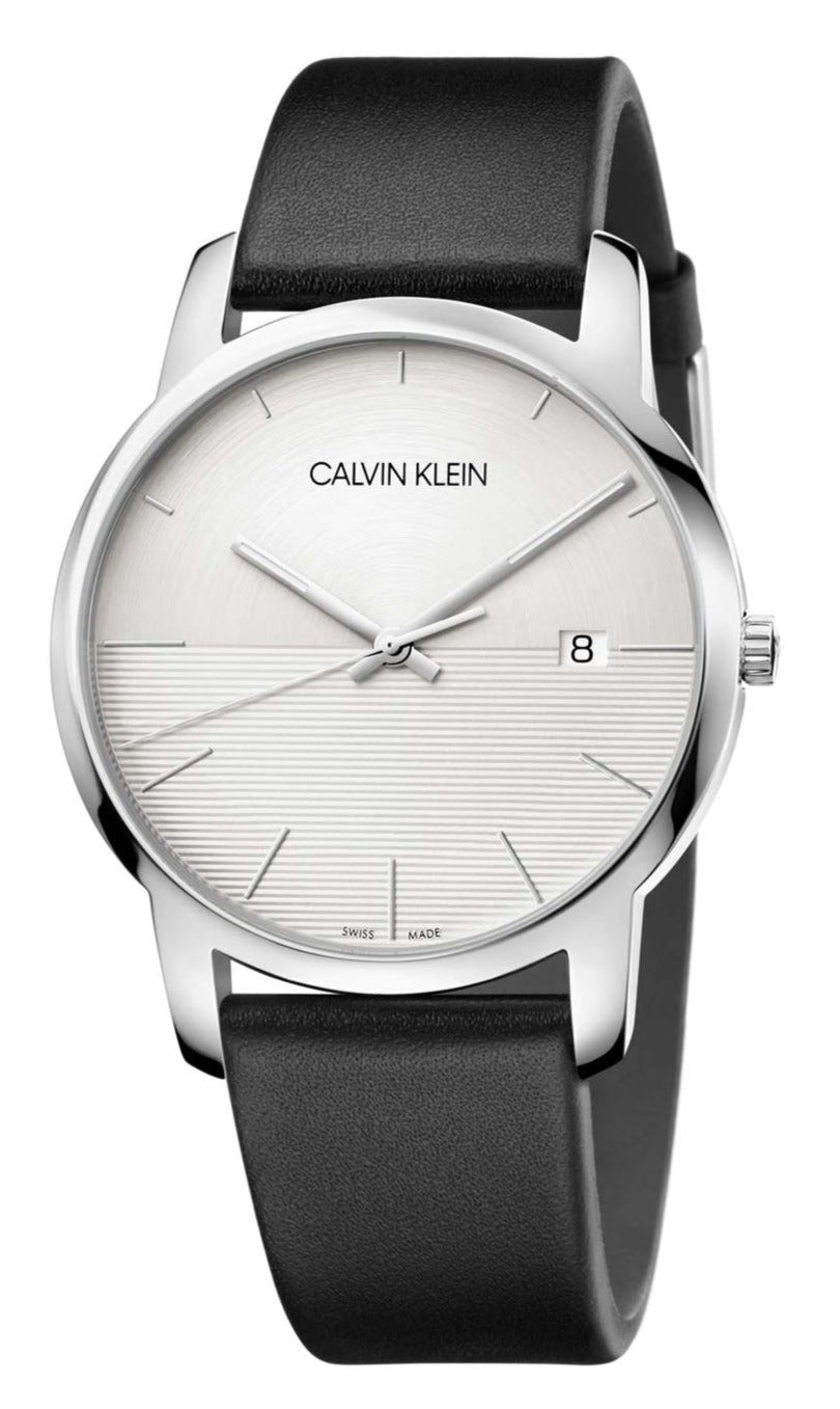 Calvin Klein City watch with white dial, stainless steel case, and black leather strap