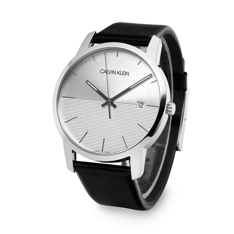 Calvin Klein City watch at angle showing white dial and black leather strap