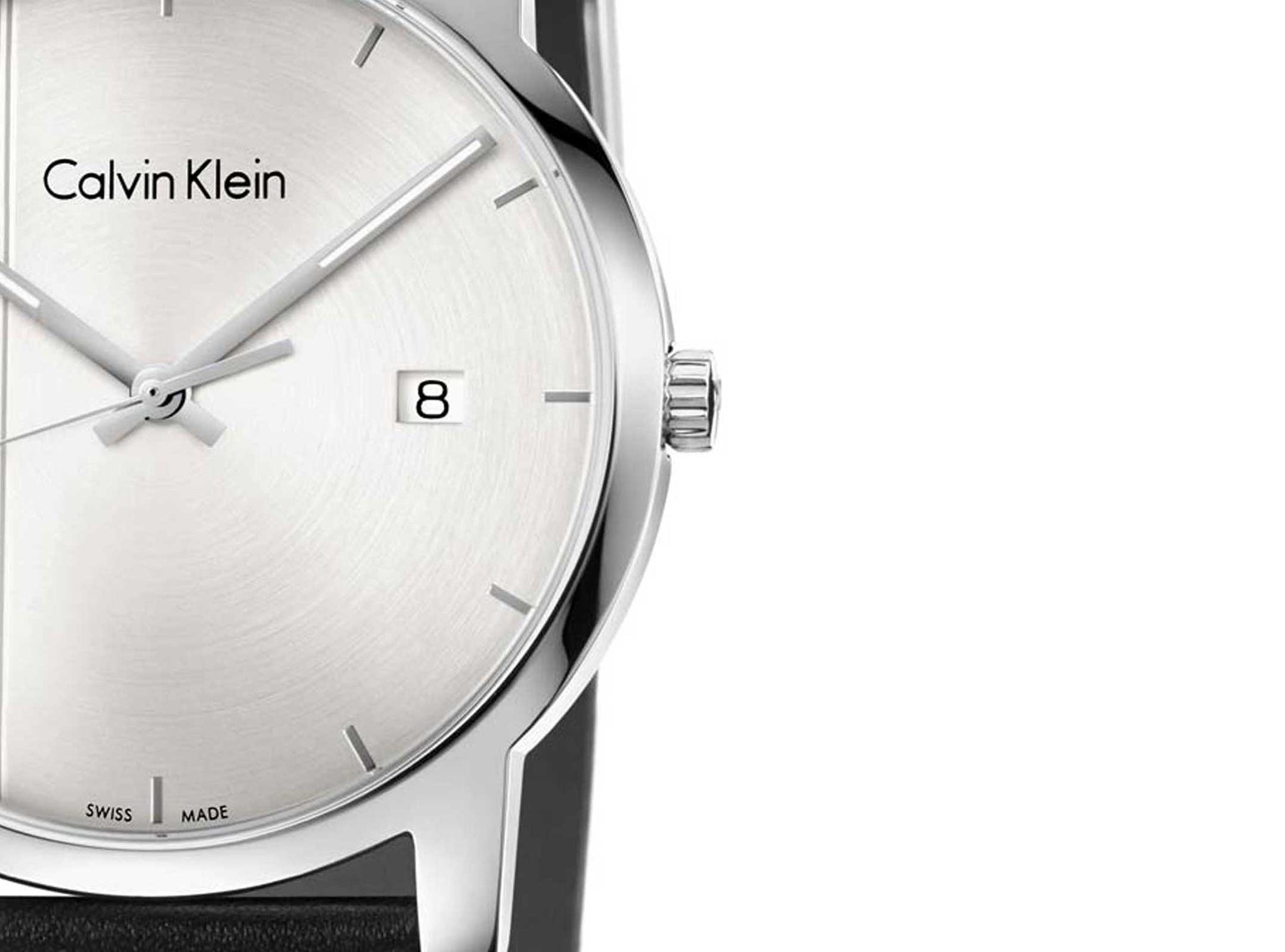 Calvin Klein City watch dial detail displaying hour markers and stainless steel case