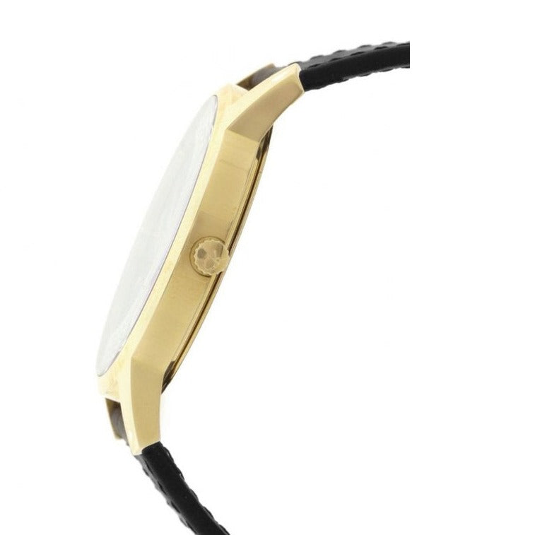 Calvin Klein City watch side view showing gold case profile and black leather strap