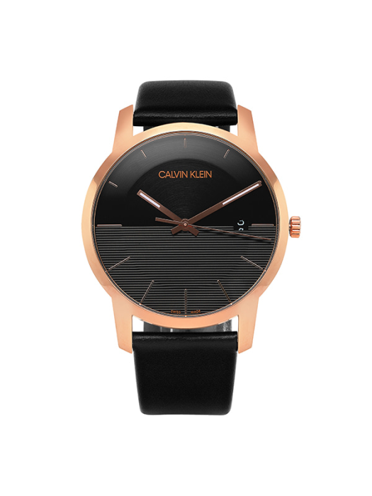 Calvin Klein City black dial watch with rose gold bezel and black leather strap