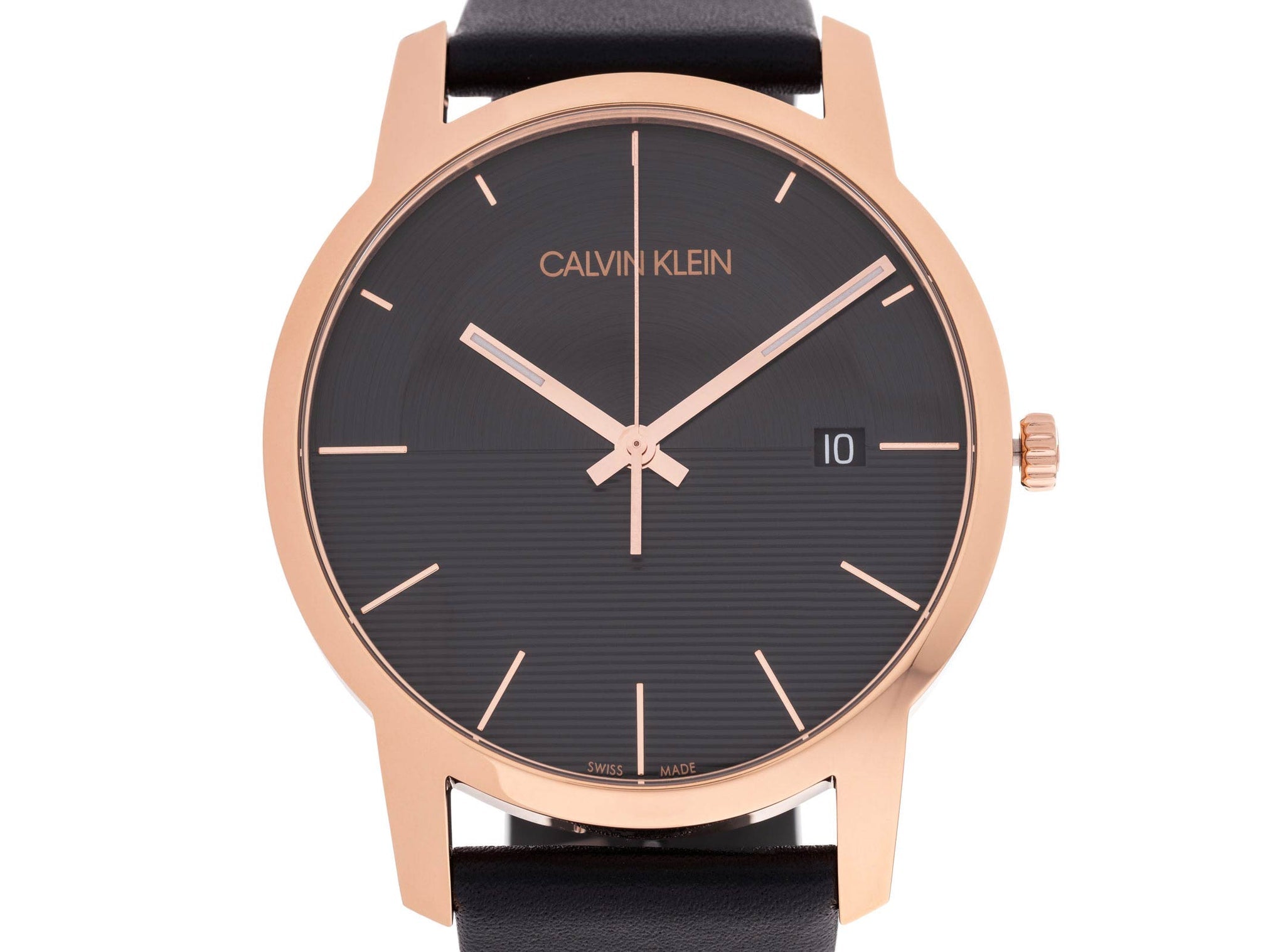 Calvin Klein City men's watch with black dial, rose gold case, and date window