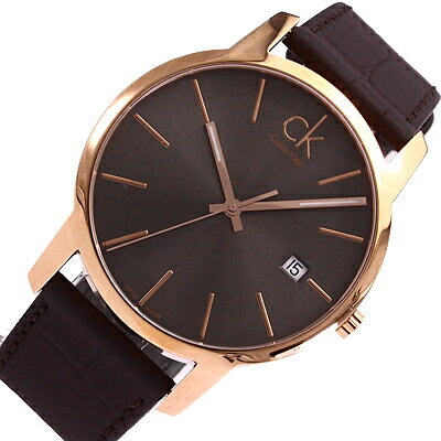 Overhead view of Calvin Klein City watch showing black dial with gold indices and date window