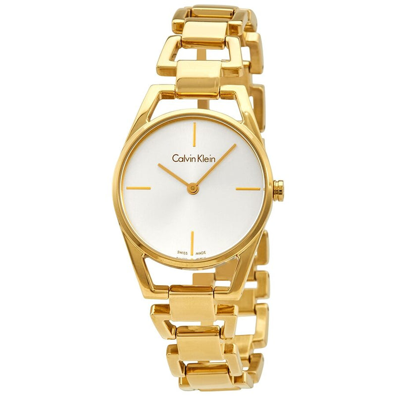 Gold-tone bracelet and case of Calvin Klein Dainty watch with silver dial