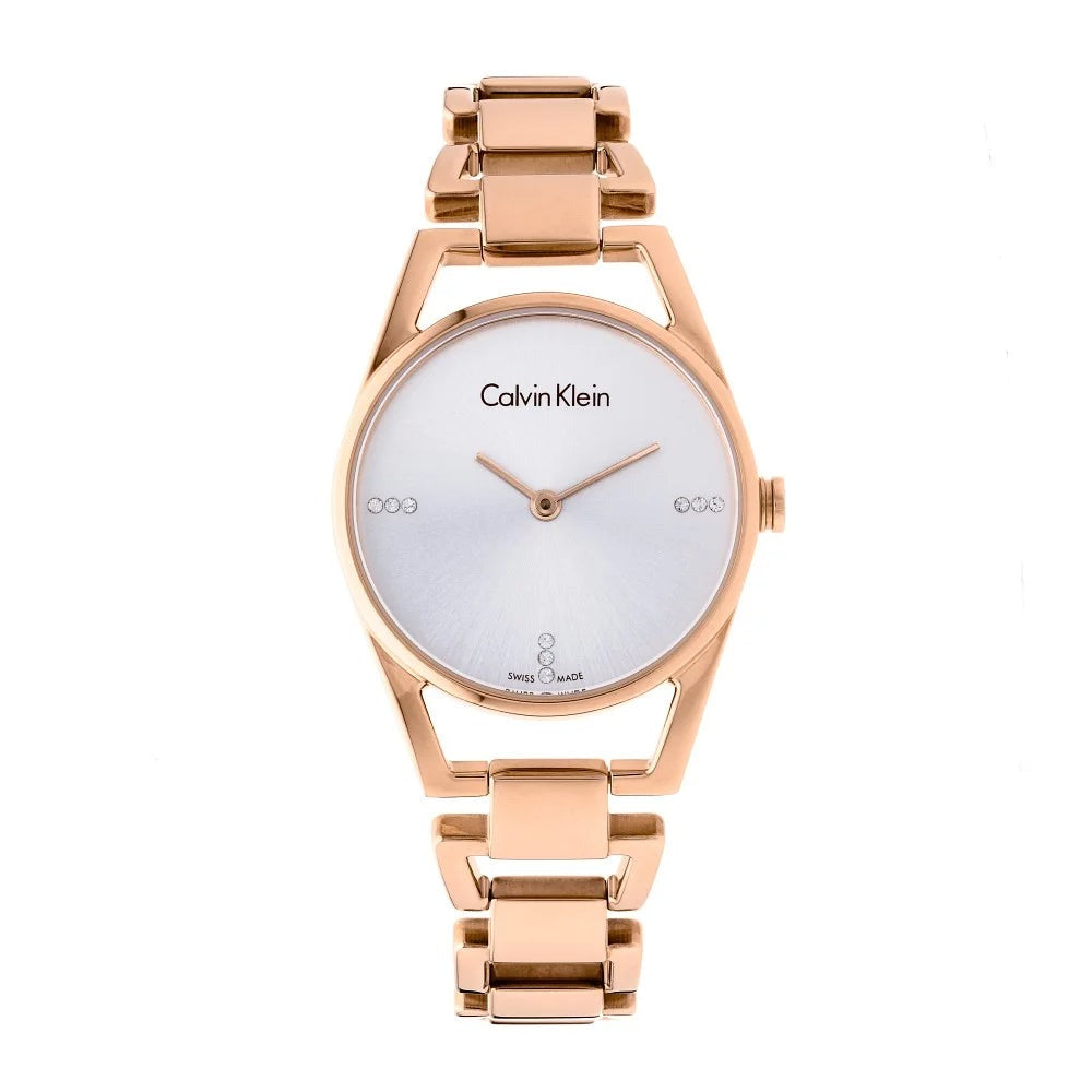 Calvin Klein Dainty women's rose gold watch with silver dial and diamond indices details