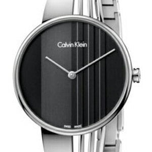 Calvin Klein Drift watch angled view showing black dial with vertical texture and silver bracelet