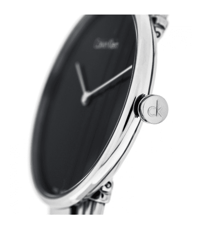 Side view of Calvin Klein Drift ladies watch with thin profile and chronograph pusher