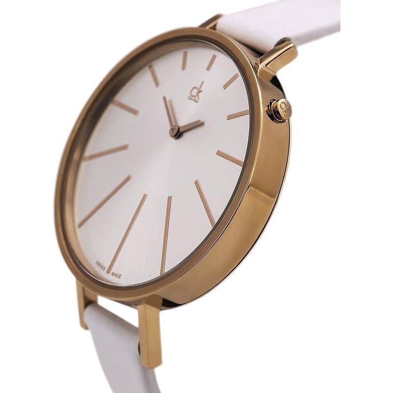 Calvin Klein Equal K3E236L6 watch side profile with white leather strap